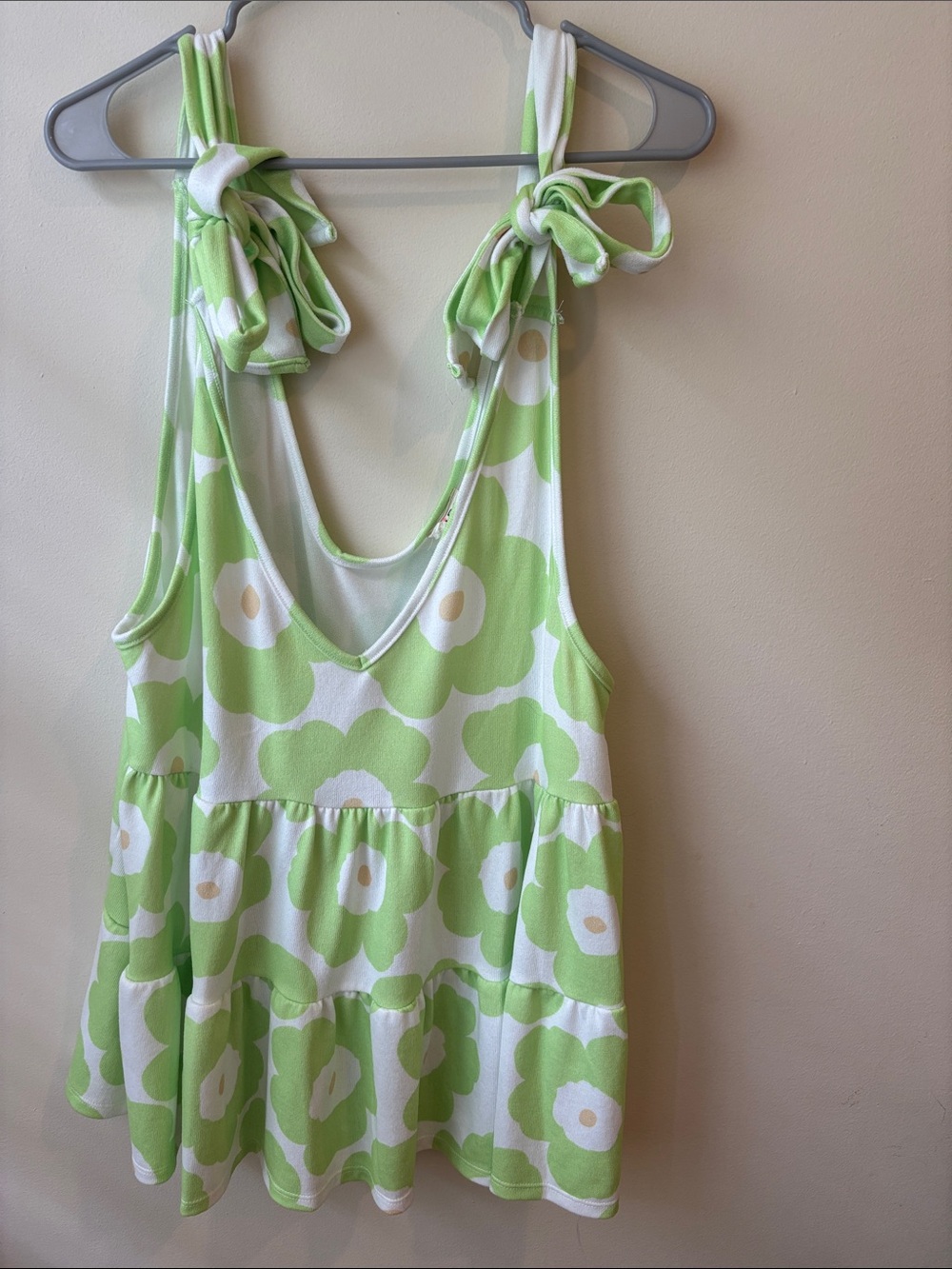 BiBi Green and White Floral Tie-Shoulder Ruffled Tank Top terry cloth like